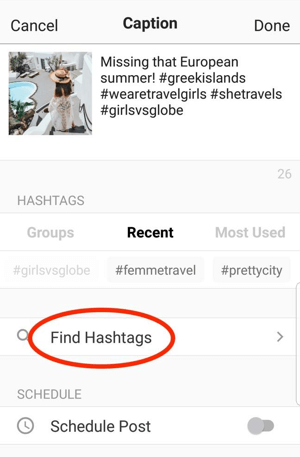 Aplikacija Predogled vam pomaga najti ustrezne hashtagove, ki jih želite dodati v svojo objavo.