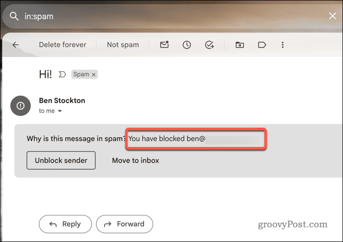 Primer blokirane e-pošte v Gmailu
