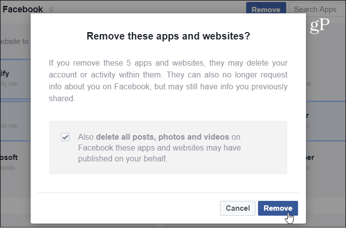 Preveri Facebook odstranitev spletnega mesta App