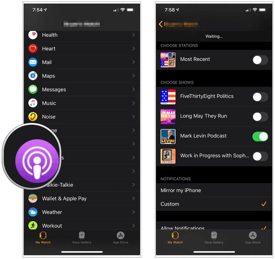 Aplikacija Apple Watch podcasti