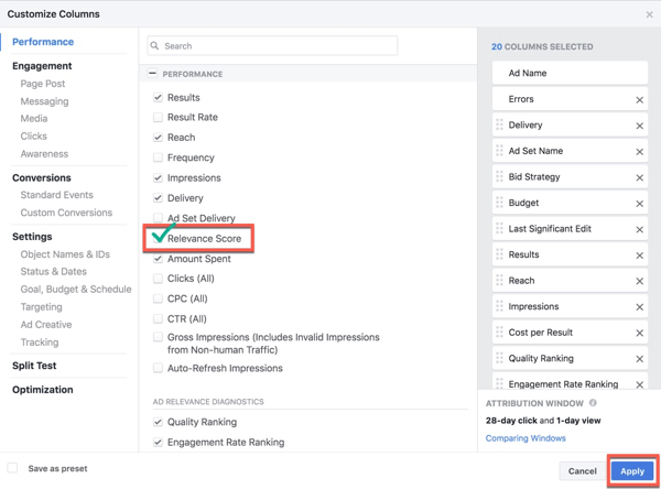 V svoje stolpce za poročanje Facebook Ads Manager dodajte oceno ustreznosti.