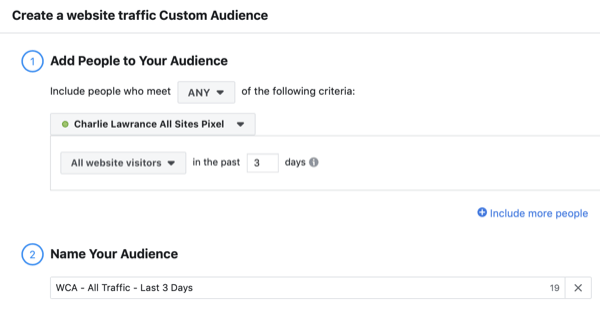 Ustvarite obiskovalce spletnega mesta po meri za Facebook, podobne občinstvu, 1. korak.