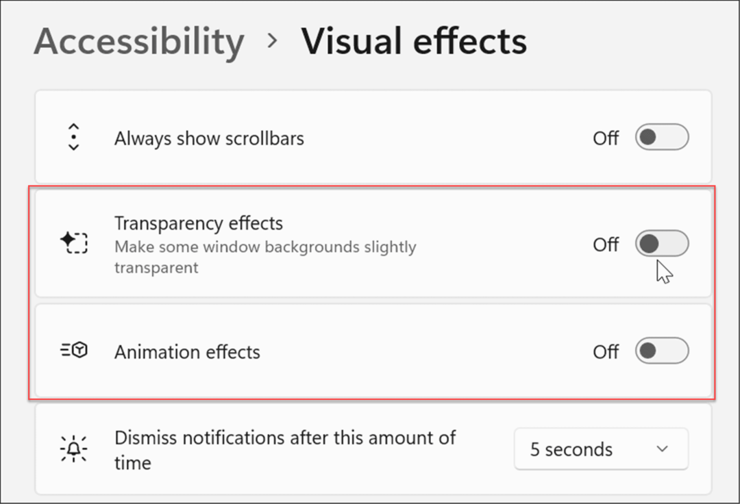 Nastavitve vizualnih učinkov za ljudi s posebnimi potrebami Windows 11