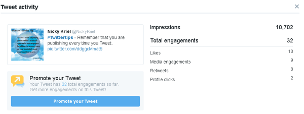 Kliknite tweet, da si ogledate več podatkov o angažiranosti v storitvi Twitter Analytics.