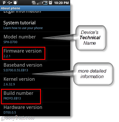 android firmware in številka izdelave, tudi številka modela