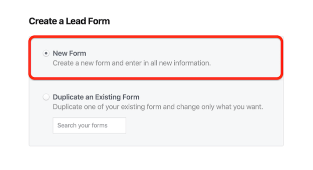 Možnost New Form v Facebooku Ustvari okno Lead Form