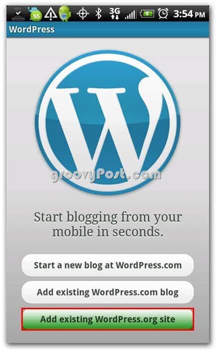 Wordpress v meniju za namestitev Android - Dodajte obstoječe spletno mesto