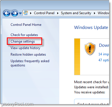 Windows 7 - posnetek zaslona povezave za posodobitev sistema Windows