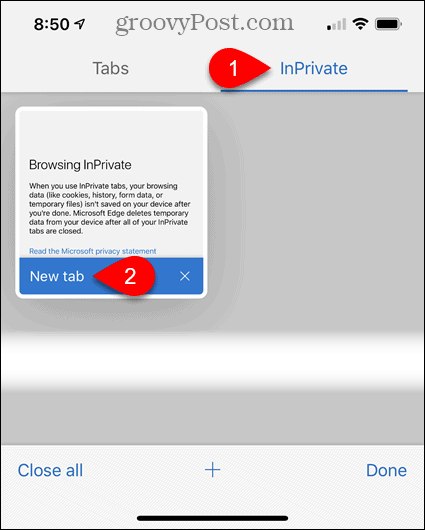 Tapnite InPrivate, nato pa tapnite Nov zavihek v robu za iOS