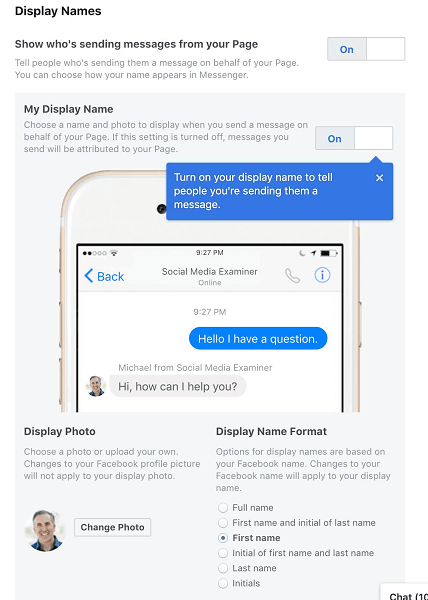 Facebook skrbnikom strani omogoča, da izberejo svoje prikazno ime, če uporabljajo Messenger v imenu svoje strani ali podjetja.