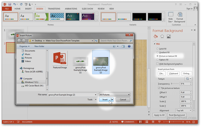 Predloga za Office 2013 Ustvari Naredite oblikovanje po meri POTX Prilagodite Navodila za diapozitive diapozitivov Kako formatirati ozadje Uvoz slike slike po meri