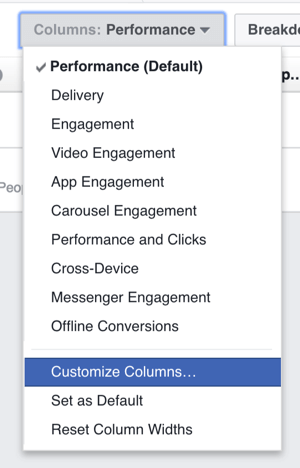 Stolpce, prikazane v tabeli z rezultati Facebook oglasov, lahko prilagodite.
