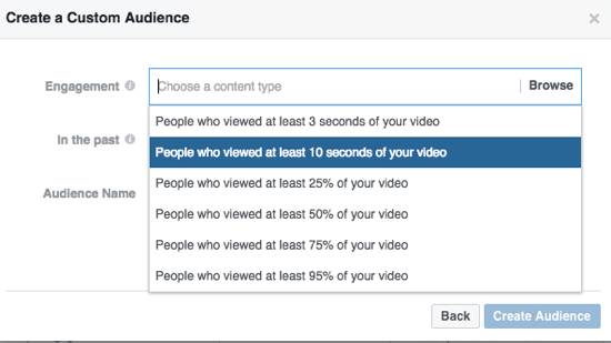 Zmanjšajte občinstvo po meri na Facebooku glede na odstotek ogledanega videoposnetka.
