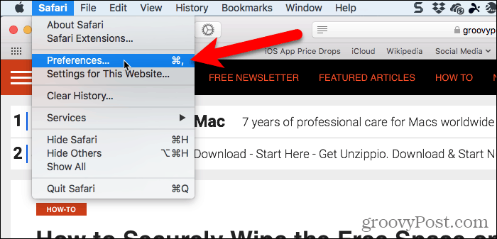 Pojdite na Safari> Nastavitve v Safariju za Mac