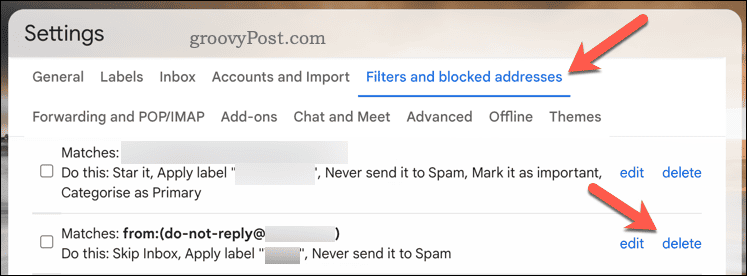Gumb za brisanje filtra v Gmailu