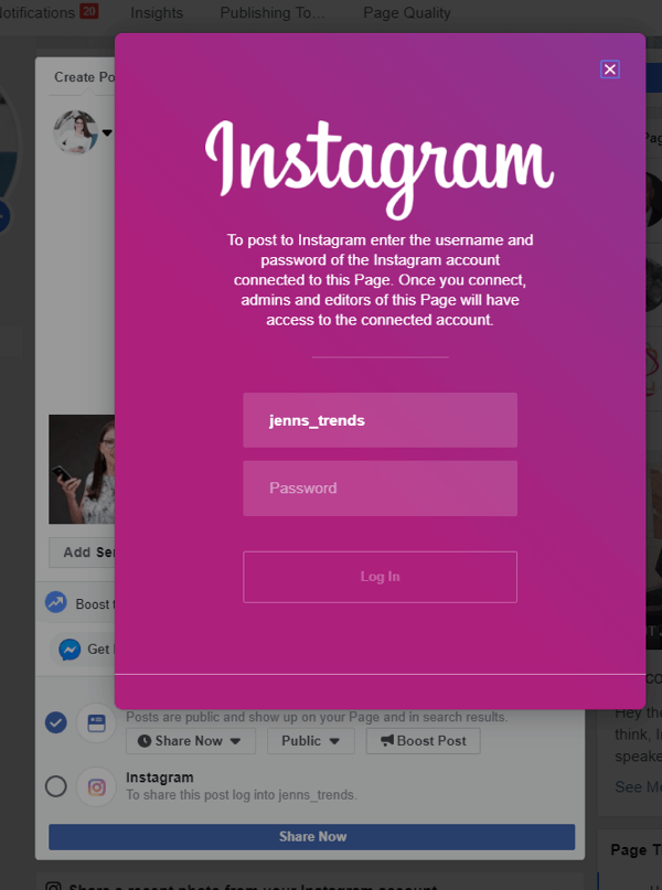 Kako navzkrižno objaviti v Instagramu iz Facebooka na namizju, korak 4, prijava v Instagram