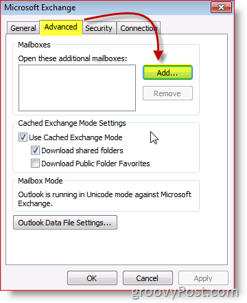Napredni zavihek izmenjave zaslona Outlook 2010 dodaj nabiralnik