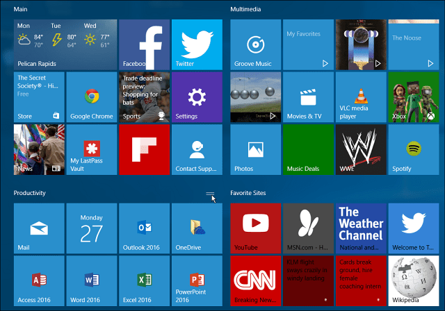 Začetni meni ploščic za skupine Windows 10 je velik