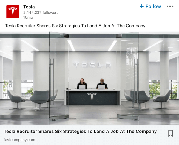 Primer objave na strani podjetja Tesla LinkedIn.