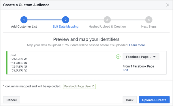 Ko uvozite svoj seznam naročnikov bota Messenger, da ustvarite ciljno skupino po meri, Facebook preslika njihovo ID-številko uporabnika Facebooka, ki je vezana na njihov profil.