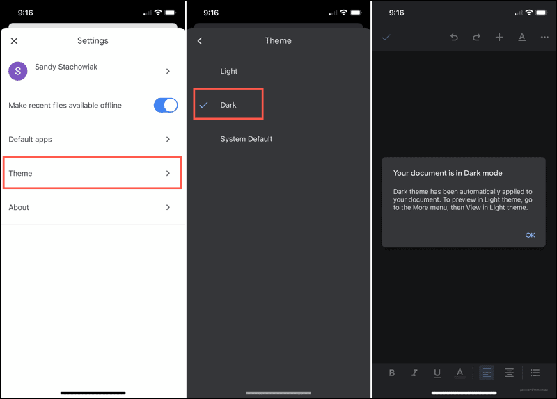 Omogočite temni način v Google Dokumentih za iPhone