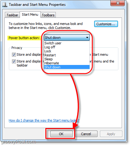 spremenite dejanje gumba za vklop menija Start v operacijskem sistemu Windows 7