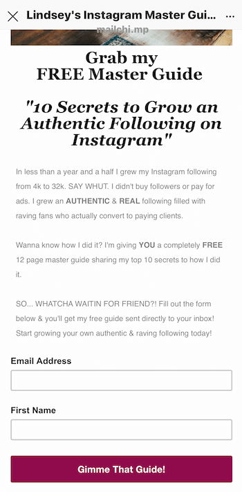primer ciljne strani za svinčeni magnet, promoviran v zgodbi Instagram
