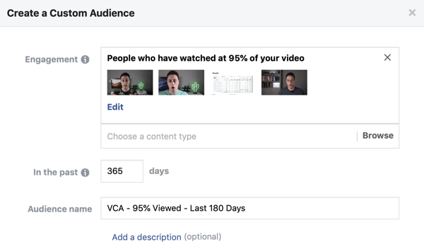 Nastavitev možnosti za ustvarjanje Facebook občinstva po meri ljudi, ki gledajo video na Facebooku ali Instagramu.