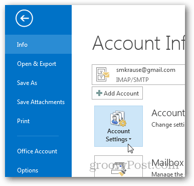 kako ustvariti pst datoteko za Outlook 2013 - kliknite nastavitve računa