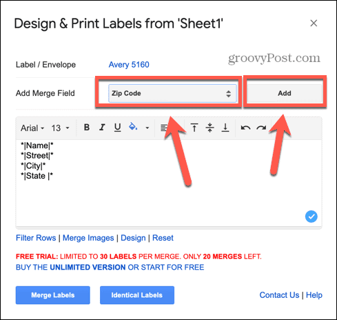 google sheets add label polje