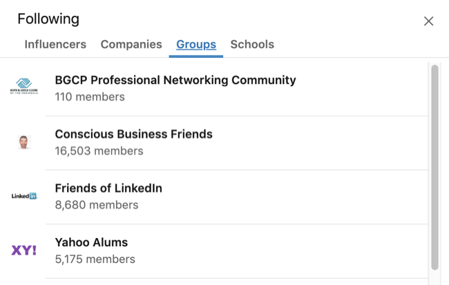 Profil LinkedIn je razširil polje Zanimanja z izbranim zavihkom Skupina