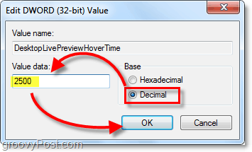 prilagodite lastnosti dword na decimalno vrednost in podatke o vrednosti na 2500 za Windows 7 DesktopLivePreviewHoverTime