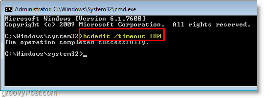 Posnetek zaslona sistema Windows 7 - vnesite bcdedit / timeout 180 v cmd