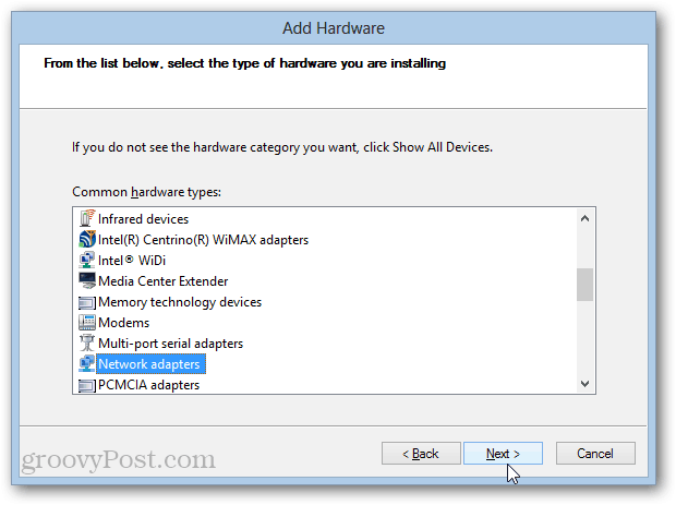 namestitev adapterja za povratno povezavo v operacijskem sistemu Windows 8