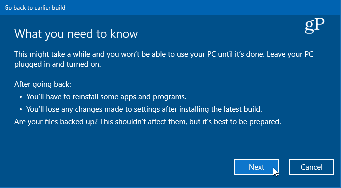 podrobnosti o vračilu na prejšnjo različico sistema Windows 10