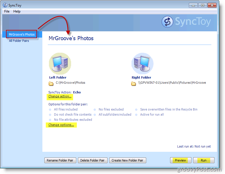 Posnetek zaslona glavnega menija Microsoft SyncToy