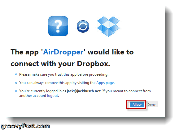 AirDropper Dropbox - povežite aplikacijo z Dropboxom