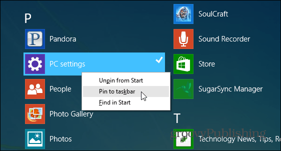 Namig za Windows 8.1: Pripnite nastavitve računalnika v opravilno vrstico