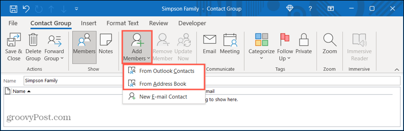 Dodajte člane v novo skupino stikov v Outlooku