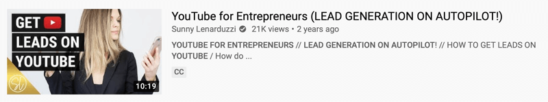 primer YouTube video posnetka @sunnylenarduzzi iz "youtube za podjetnike (generacija svinca na avtopilotu!)", ki prikazuje 21 tisoč ogledov v zadnjih 2 letih