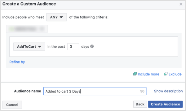 Izberite možnosti za ustvarjanje občinstva po meri na Facebooku na podlagi dogodka AddToCart