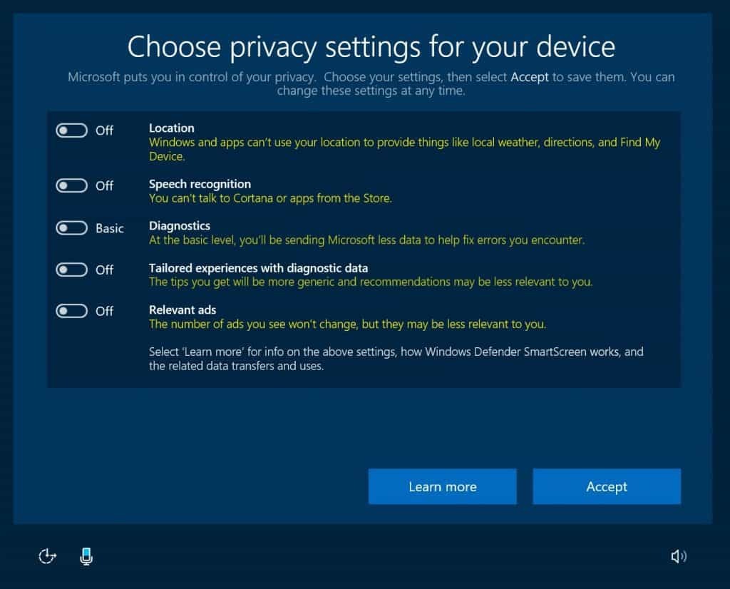 Windows 10, zasebnost, posodobitve ustvarjalcev, OOBE