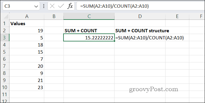 SUMCOUNT povprečni rezultat v Excelu