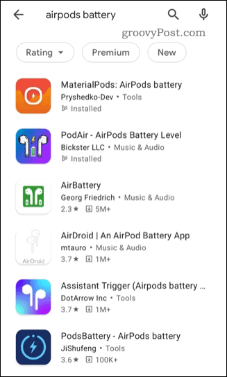 Seznam statusnih aplikacij AirPods drugih proizvajalcev v trgovini Google Play