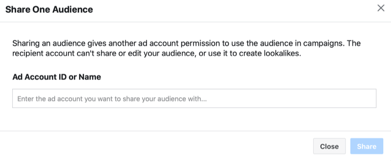 facebook upravitelj oglasov deli občinstvo po meri> daj v skupno rabo meni z občinstvom z možnostjo dodajanja ID-ja ali imena oglaševalskega računa
