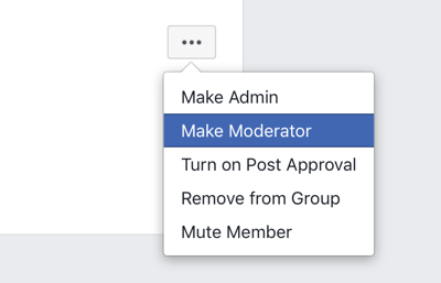 Kako izboljšati skupnost Facebook skupin, možnost menija Facebook skupine, da postane član moderator 