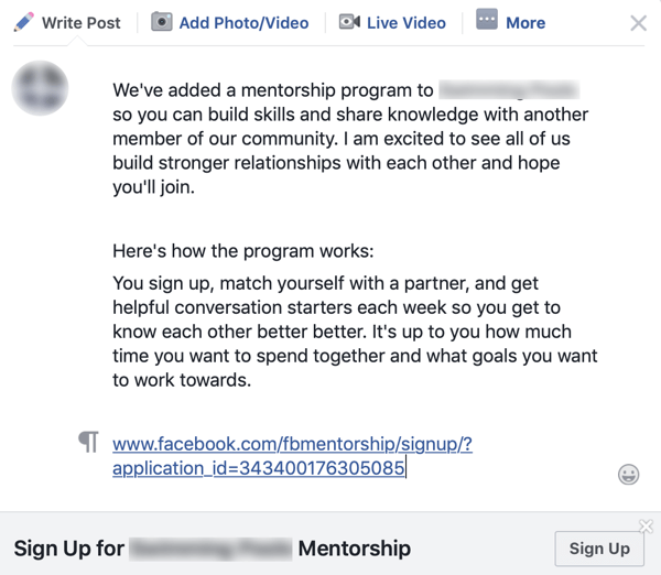 Kako izboljšati skupnost Facebook skupin, primer napovedi skupine za mentorski program Facebook