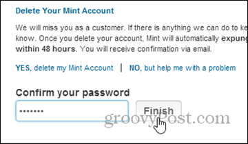 potrdite brisanje z geslom - izbrišite račun mint.com