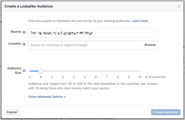 Nastavite Facebook velikost občinstva. Velikost lahko nadzirate z drsnikom, ki se prikaže, ko ustvarite občinstvo.