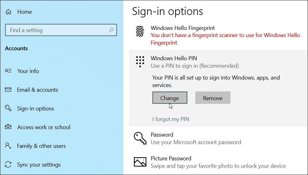 sprememba dodaj PIN Windows 10